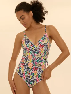 Maillot de bain 1 pièce bonnet mousse sans armature - Imprimé tropico blanc