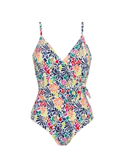 Maillot de bain 1 pièce bonnet mousse sans armature - Imprimé tropico blanc