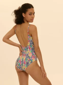 Maillot de bain 1 pièce bonnet mousse sans armature - Imprimé tropico blanc