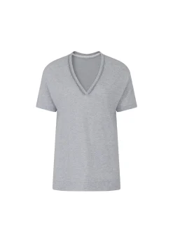 Top manches longues décolleté brodé - Gris minéral